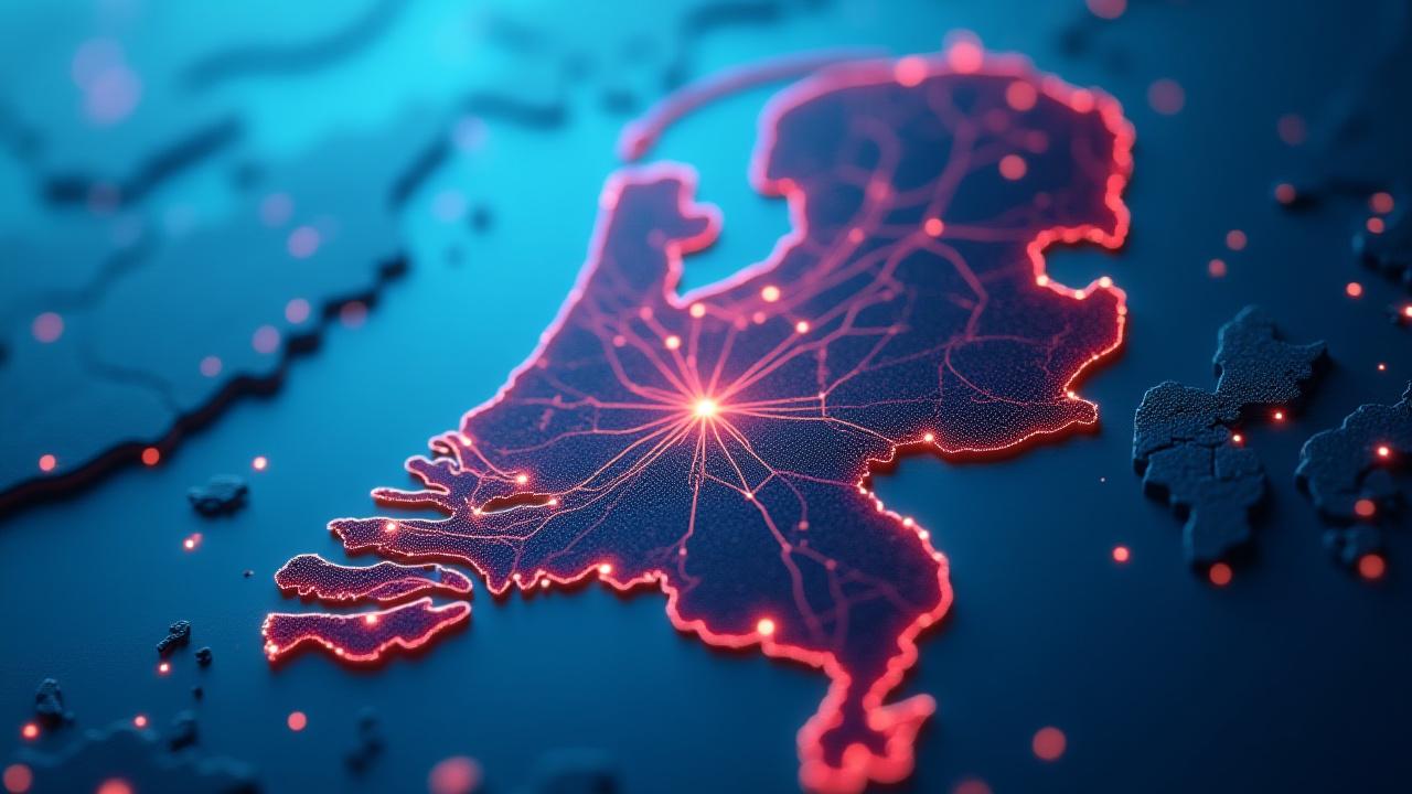 Interactieve kaart van Nederland met focus op Den Haag en omliggende steden, digitaal gloeiend om e-commerce activiteit te symboliseren.