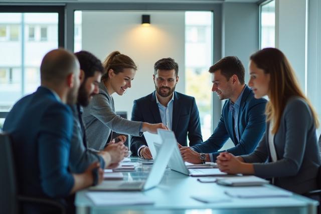 Een divers team van professionals werkt samen aan een digitaal project, met een focus op samenwerking en innovatie in een modern kantoor in Den Haag.