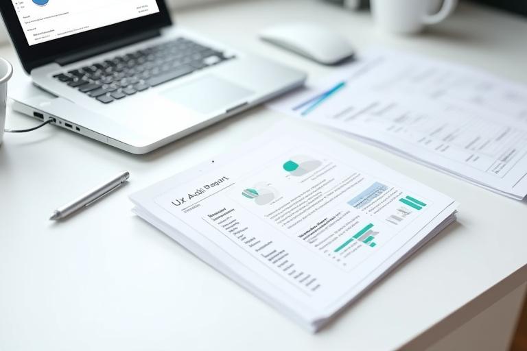 Mock-up van een uitgebreid auditrapport en een geprioriteerde actielijst op een desktop en tablet.